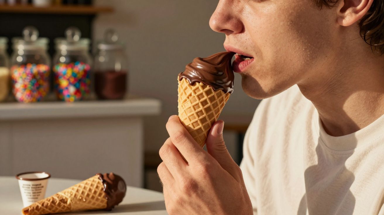 Pessoa pronta para comer sorvete de chocolate em casquinha em ambiente interno iluminado.