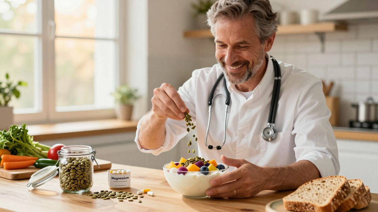 Homem sorridente com jaleco e estetoscópio adiciona sementes a tigela com frutas na cozinha.