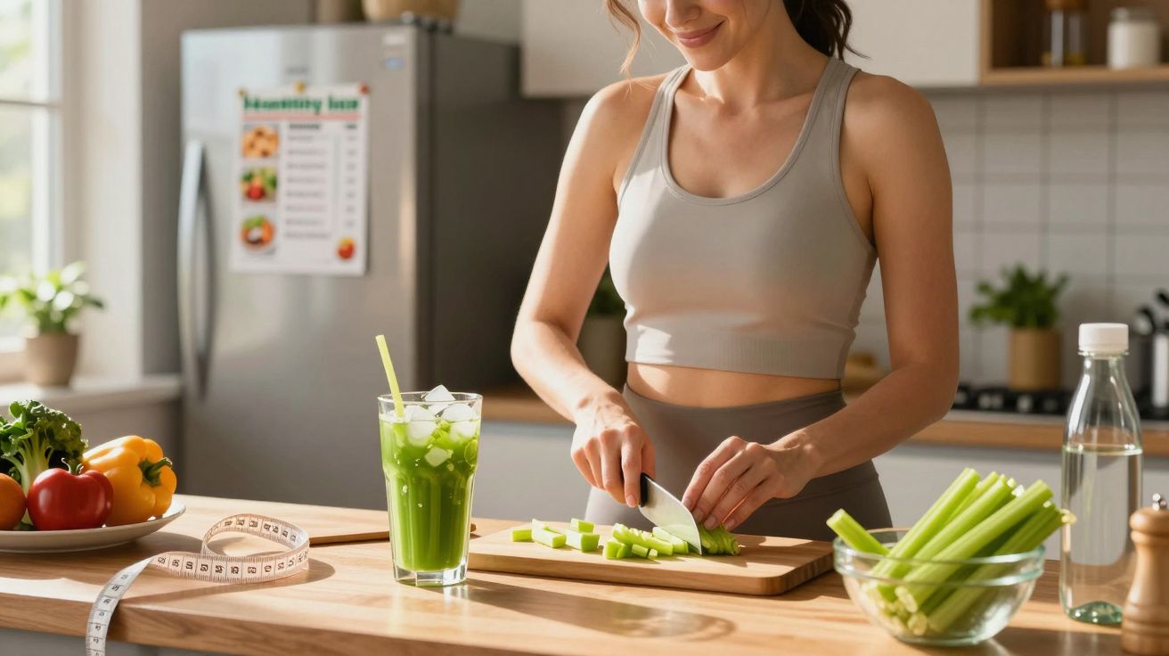 Mulher cortando talos de aipo em uma cozinha iluminada com vegetais e suco verde na bancada.