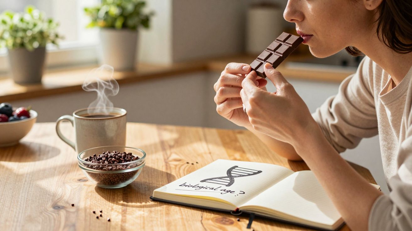 Pessoa segurando barra de chocolate perto de caderno com desenho de DNA e xícara de café fumegante na mesa de madeira.