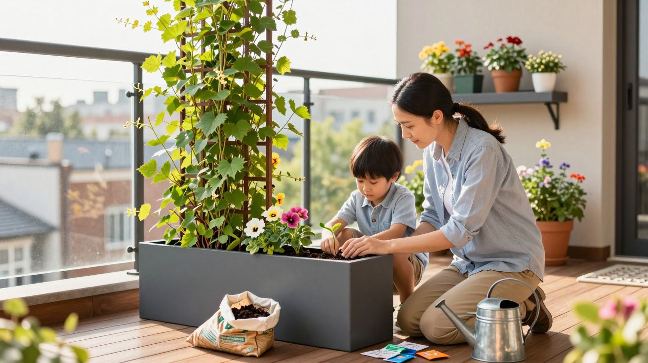 Mulher e menino plantando flores em vaso preto na varanda com regador e sacola de terra.