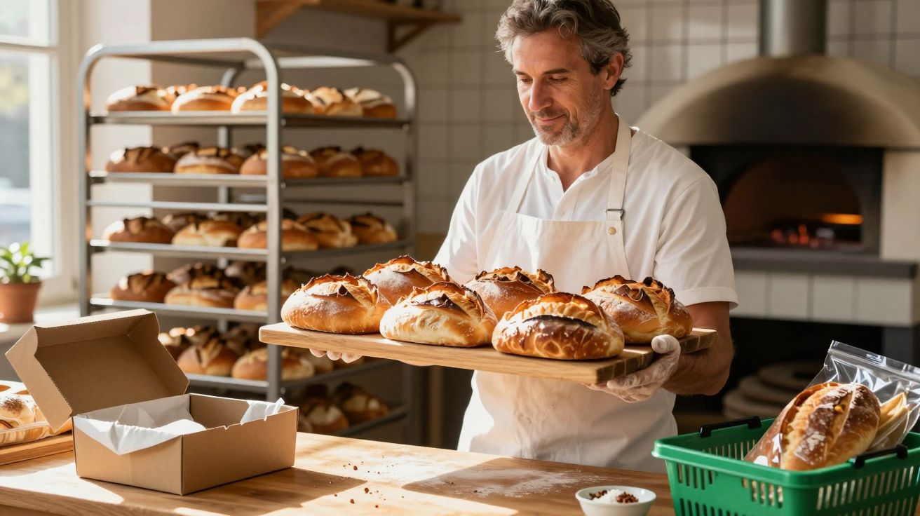 Homem segurando tabuleiro com pães frescos em padaria com forno a lenha e prateleiras ao fundo.
