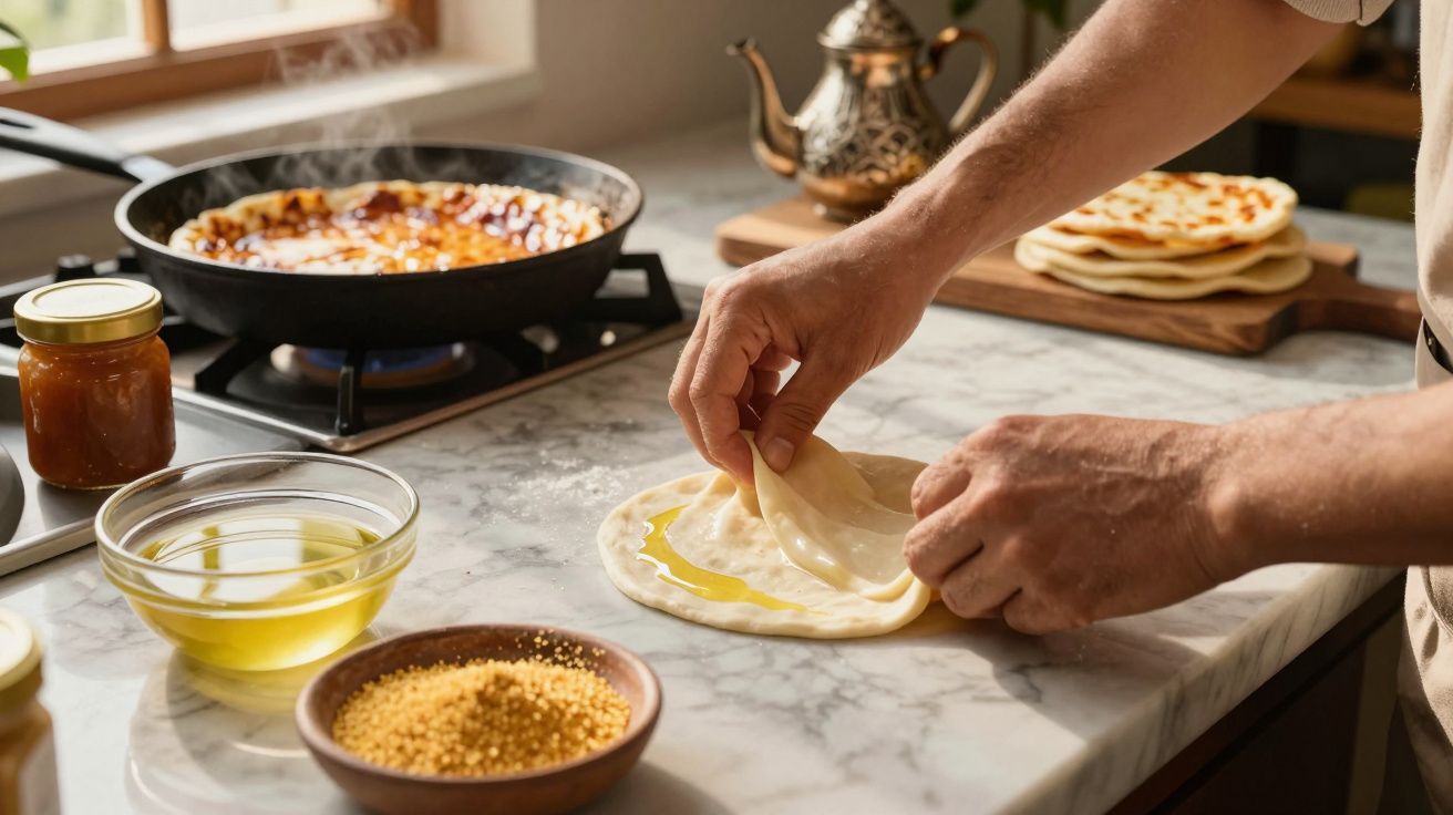 Mãos preparando pão achatado com óleo em cozinha, com ingredientes e frigideira ao fundo.