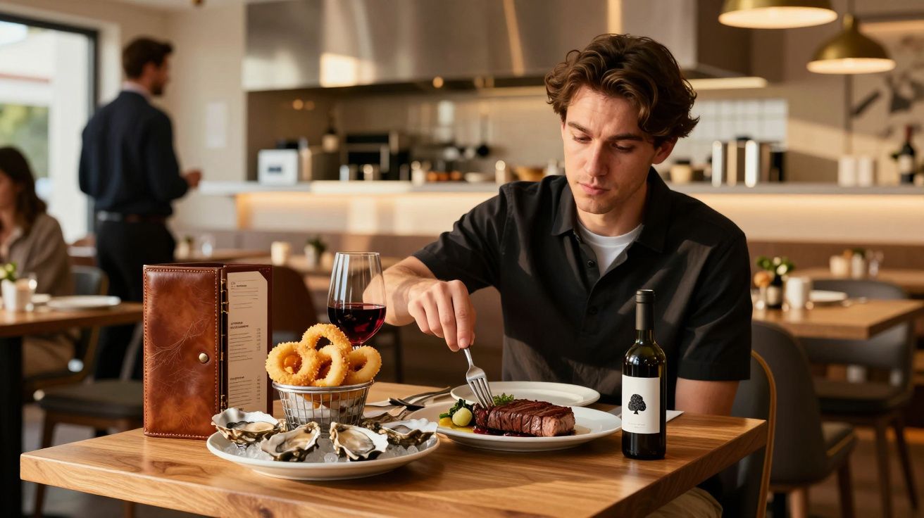 Homem sentado em restaurante com prato de carne, ostras, anéis de cebola, taça de vinho e garrafa à mesa.