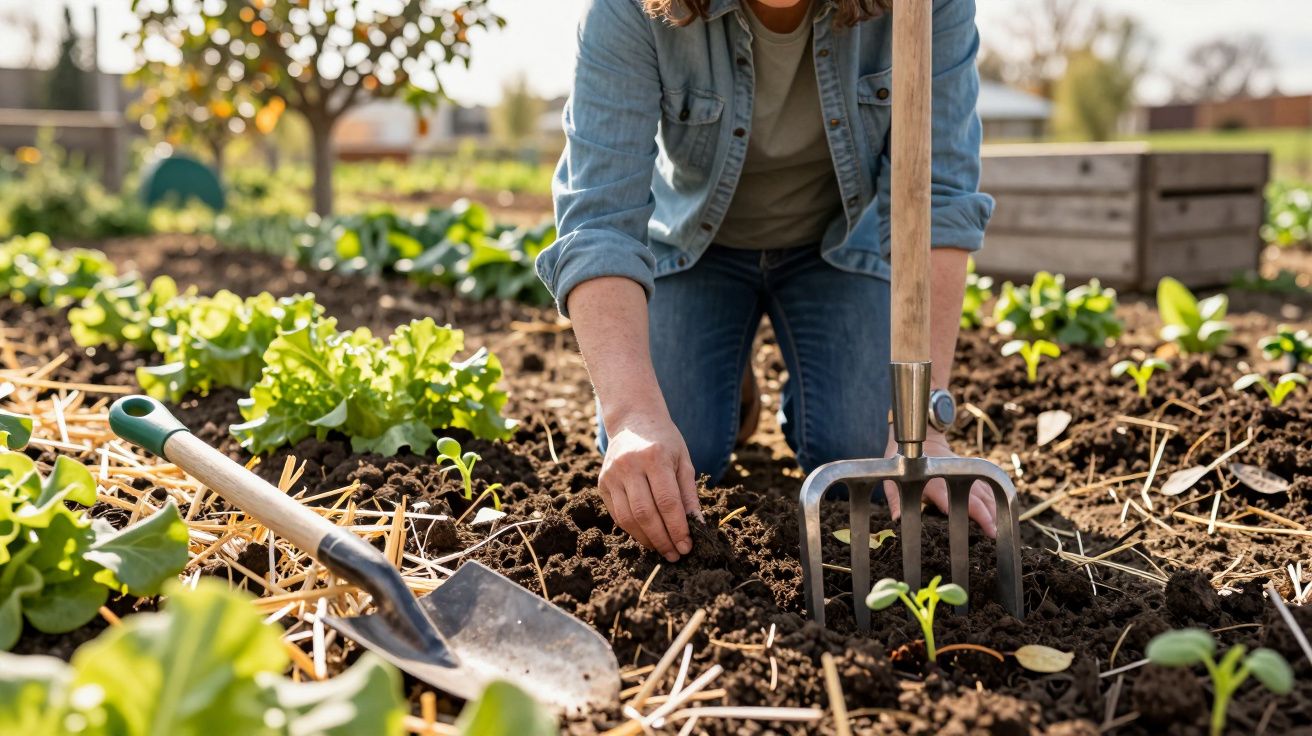 Pessoa plantando mudas em jardim com enxada e pá ao redor em dia ensolarado.