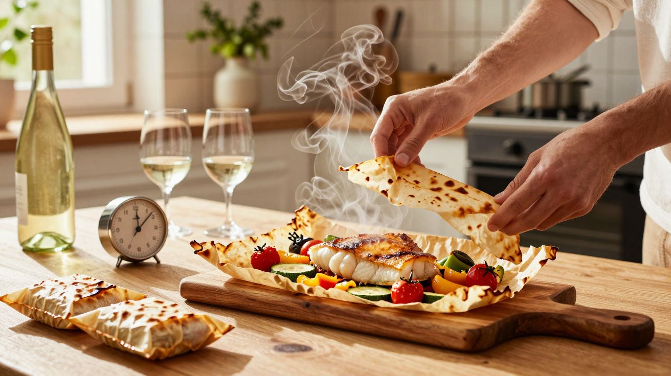 Prato com peixe grelhado sobre vegetais e massa fina sendo aberto por duas mãos em cozinha iluminada.