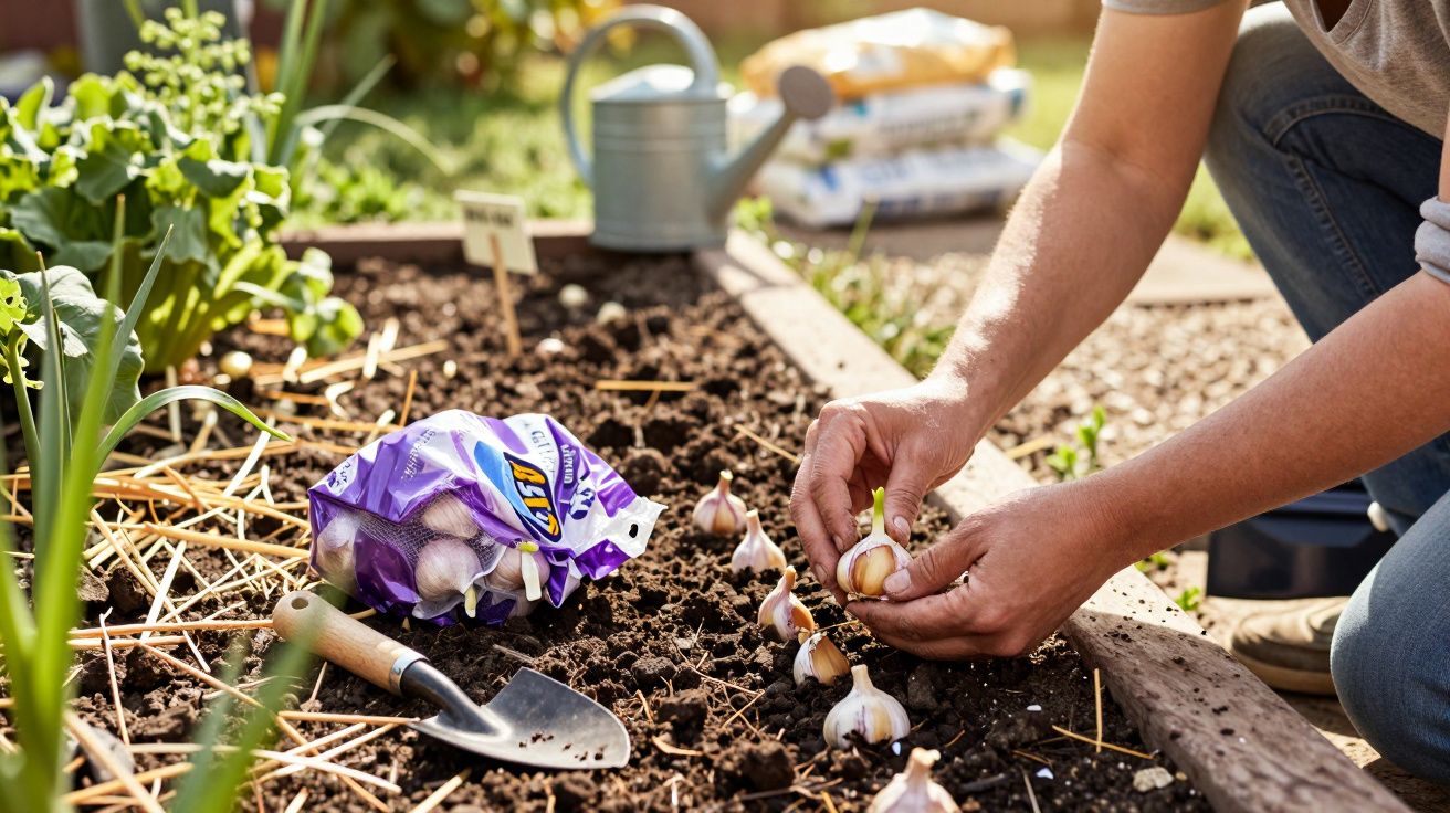 Pessoa plantando dentes de alho em canteiro de jardim com ferramentas e regador ao fundo.