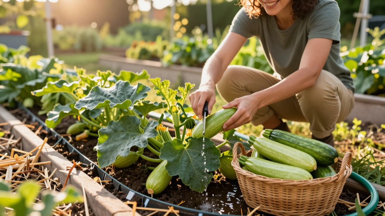 Pessoa colhendo abobrinhas frescas em canteiro de horta orgânica ensolarada.