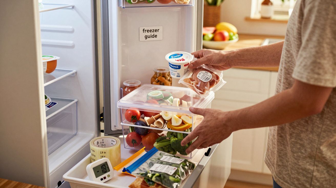 Pessoa organizando alimentos na geladeira aberta, incluindo ovos, tomate, brócolis e iogurte.