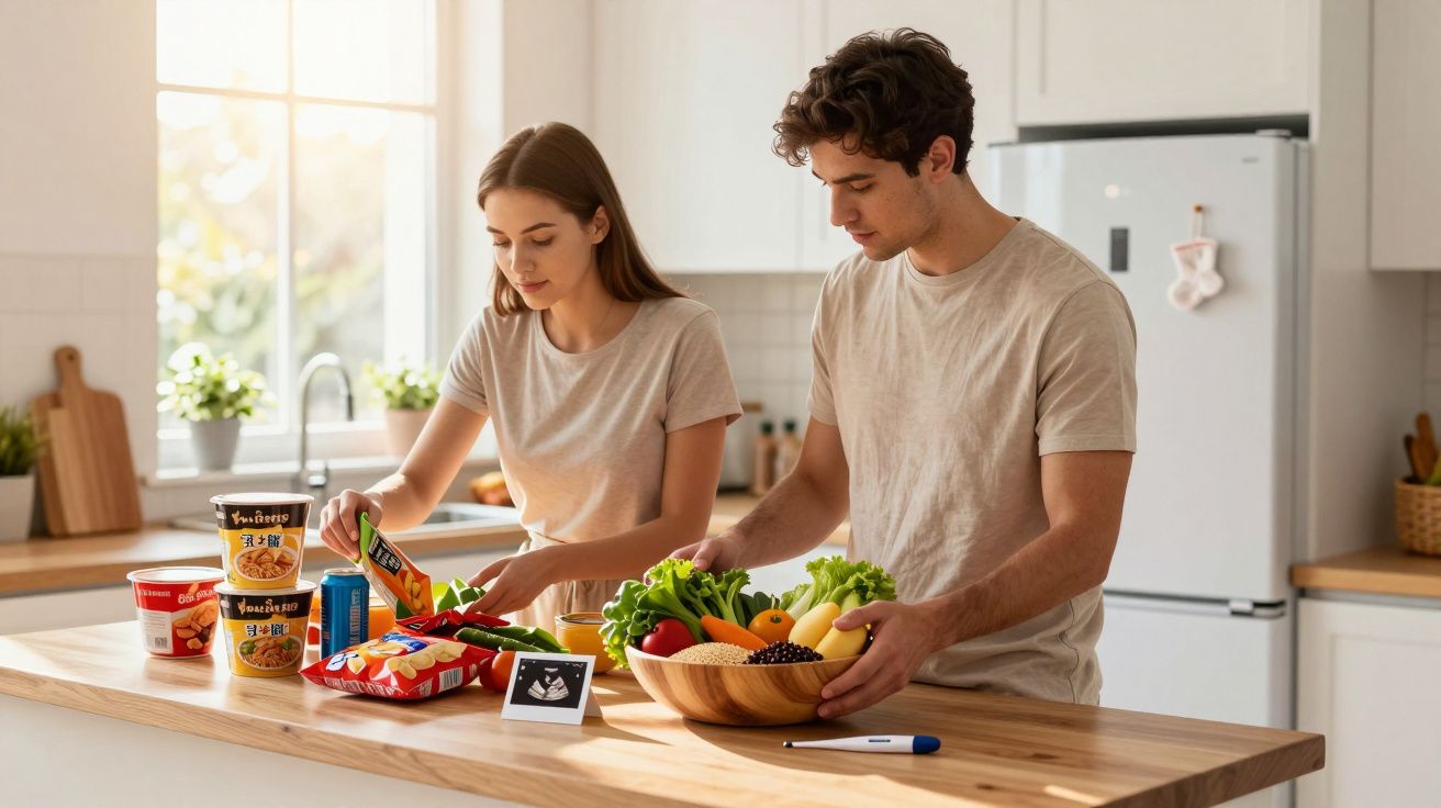 Casal jovem na cozinha organizando alimentos e produtos sobre bancada de madeira clara.