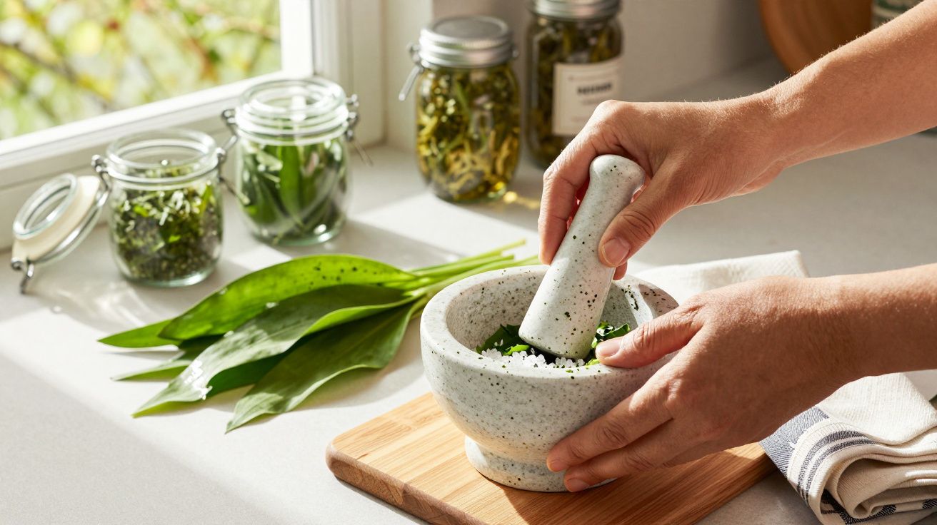 Mãos triturando folhas verdes com pilão em almofariz, com potes de ervas ao fundo em bancada clara.