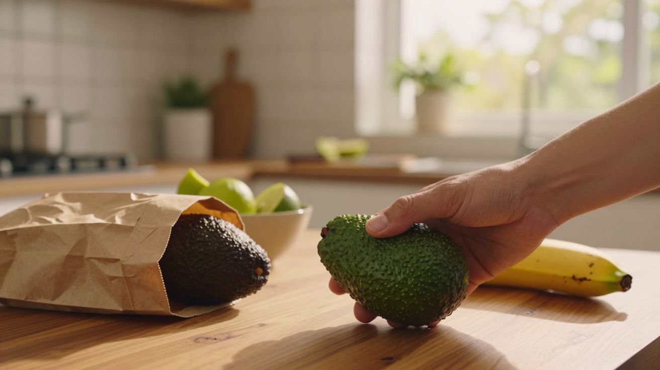 Pessoa segurando abacate verde próximo a abacate escuro em saco de papel sobre mesa de madeira na cozinha.