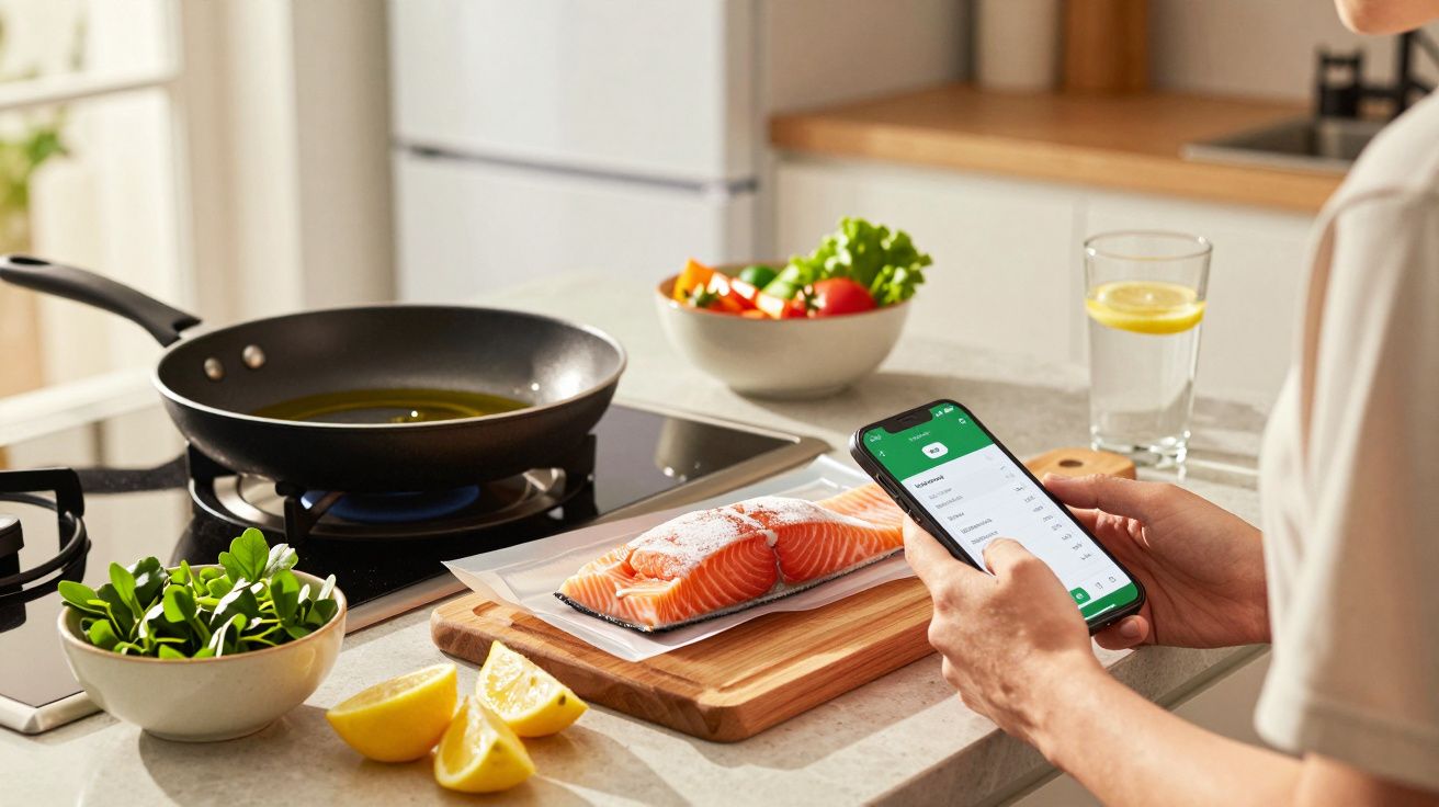 Pessoa usando celular na cozinha com salmão fresco, legumes, limão e frigideira no fogão.