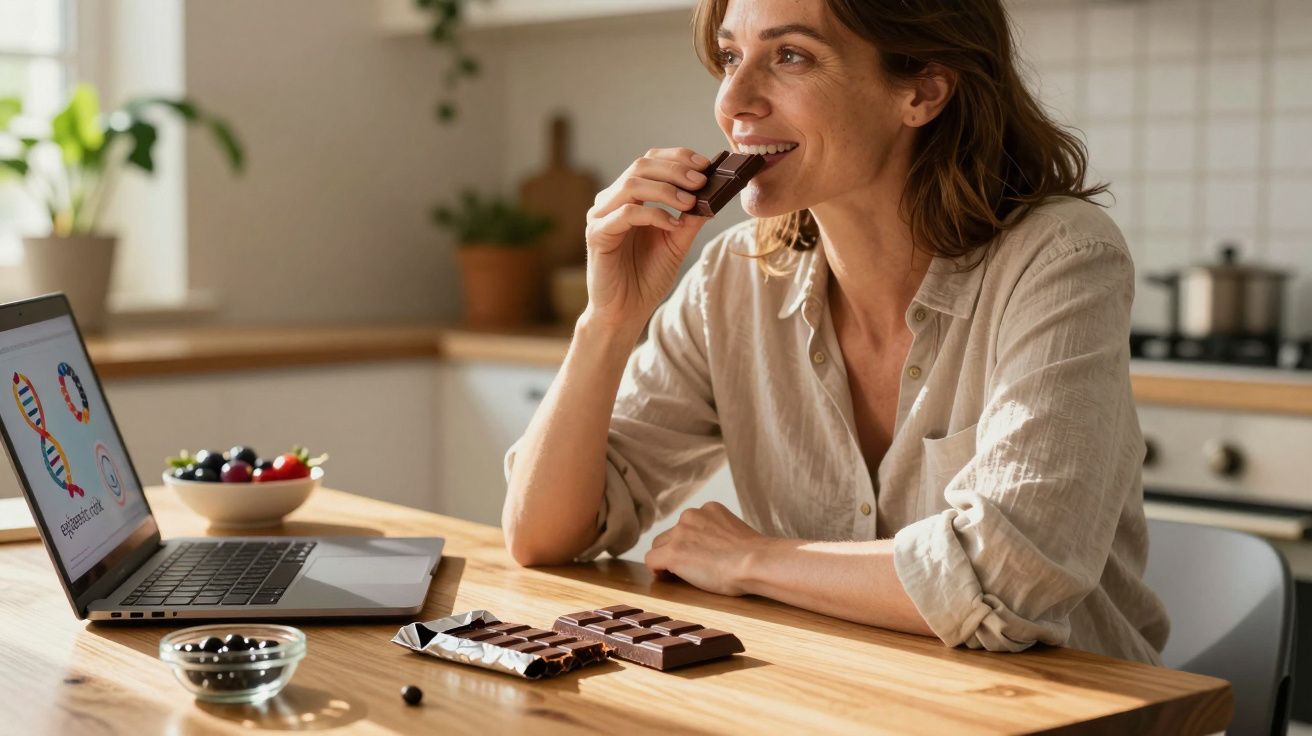 Mulher sorrindo comendo chocolate em cozinha, com laptop aberto sobre genética na mesa.