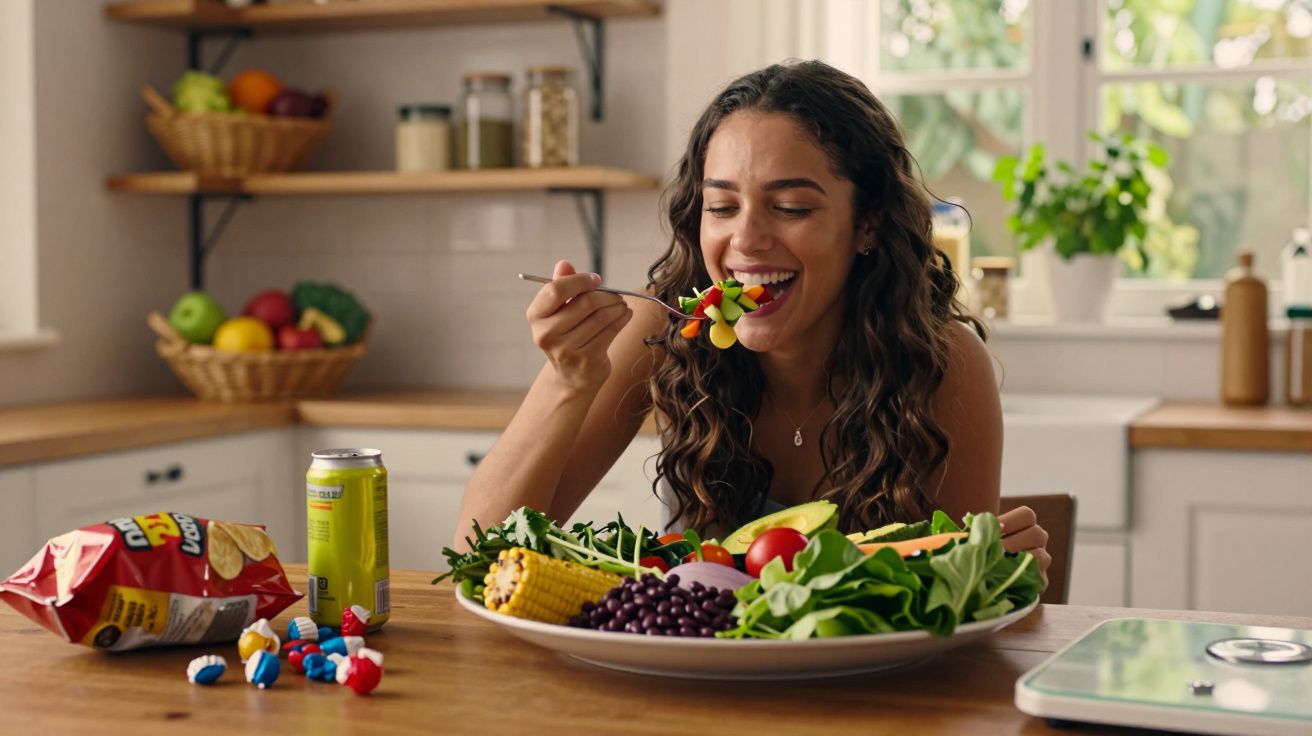 Mulher sorrindo comendo salada saudável na cozinha, ao lado de salgadinhos e remédios sobre a mesa.