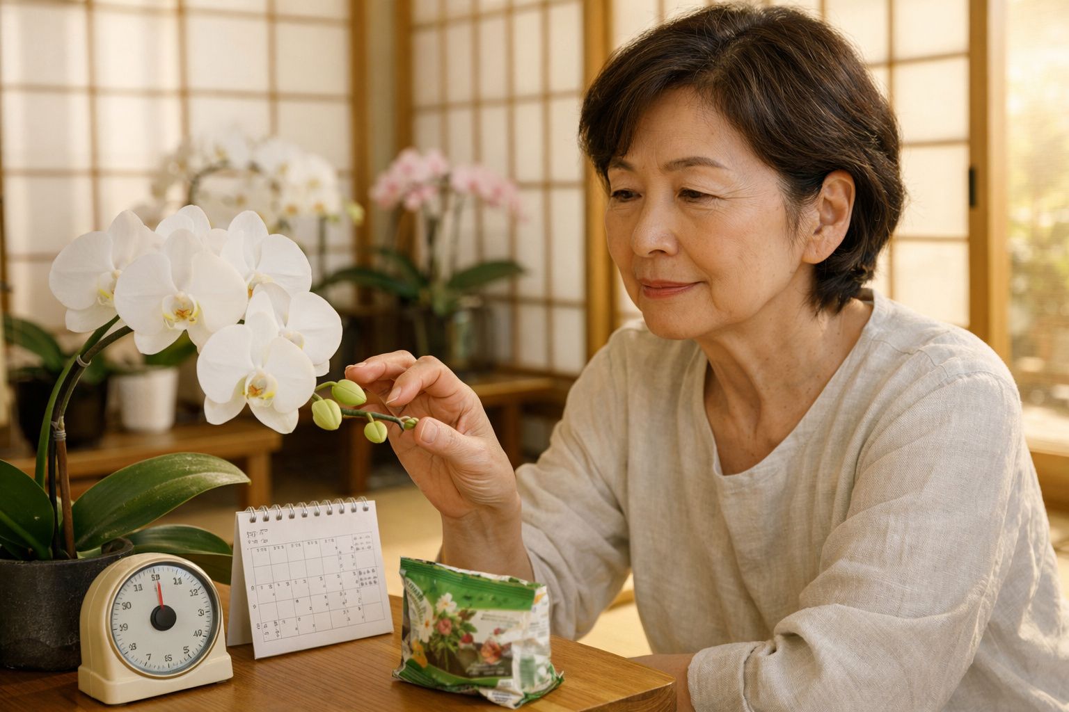 Mulher asiática cuidando de orquídea branca em ambiente iluminado e decorado com itens sobre a mesa.