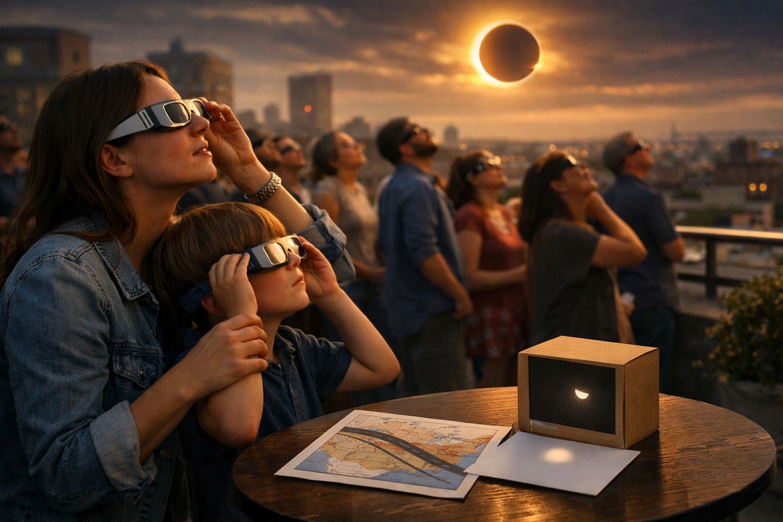 Pessoas usando óculos especiais observam eclipse solar ao pôr do sol em área urbana.