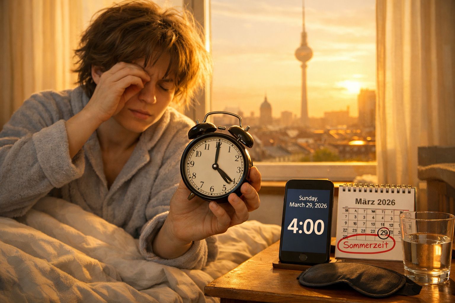 Pessoa acordando com expressão cansada, segurando relógio analógico às 5h00, ao lado de celular e calendário com horário de v